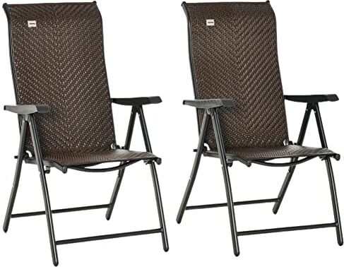 Outsunny Set Sedie da Giardino 2 Pezzi in Rattan PE e Acciaio, Sedie Pieghevoli da Esterno con Schienale Regolabile in 7 Posizioni, Rosso e Nero