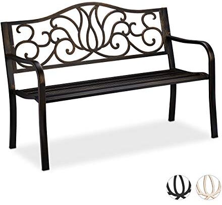 Relaxdays Panchina Panca da Giardino per 2 Persone, Stile Antico, Balcone, Acciaio e Ghisa, 90x127,5x63 cm, Bronzo, colata, Nero/Oro, 1 pz