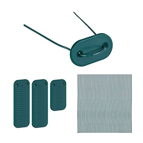 Relaxdays Kit per Il Fissaggio Telo Frangivista, Set Piastre di Montaggio e 52 Aste in Filo Metallico, Verde