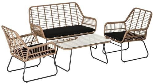 giordano shop Set Salotto da Giardino Divano 2 Poltrone e Tavolino in Rattan Naturale e Poliestere Nero