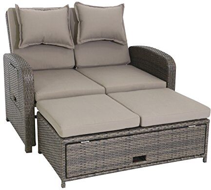 greemotion Divano da Giardino Bahia in Rattan con Isola Divano Letto da Esterno Marrone con Cuscini Sofa da Giardino a 2 posti inclinabile con tavoli a Lato