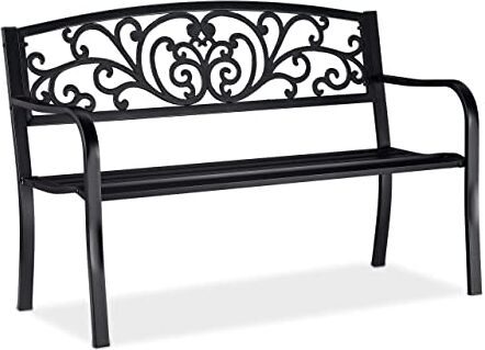 Relaxdays Panca da Giardino, a 2 Posti, con Decorazioni Vintage, per Balcone, HxLxP 86,5 x 127 x 60 cm, Nero