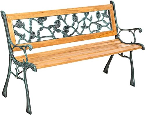 TecTake ® Panca da Giardino in Legno e Ghisa, Comoda Panchina da Esterno 2 Posti, Panca con Schienale, Resistente alle Intemperie, 124 x 52 x 74 cm Marrone