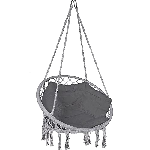 VOUNOT Poltrona Sospesa da Giardino, Sedia Amaca Altalena Macrame con Cuscino, Ø80cm Capacità 120 kg, per Interni Esterno Giardino, Grigio