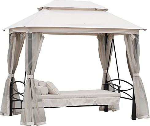 Outsunny Dondolo 3 Posti e Lettino Singolo Copertura a Gazebo con Zanzariera e Cuscini 256x172x248cm Crema