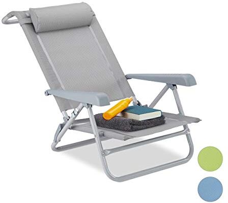 Relaxdays Sedia a Sdraio Pieghevole, Cuscino cervicale, apribottiglie, Regolabile in 8 Livelli, Fino a 120 kg, plastica, Acciaio, Grigio