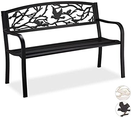 Relaxdays Panchetta Balcone Panca da Giardino, con Volatili Decorativi, Accessorio di Arredo da Esterno, HLP: 87x127x57 cm, Nera, Acciaio, colata, Nero, 1 pz