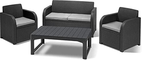 Keter Carolina Lounge Set, Mobili da Giardino con Divano 2 Posti, 2 Poltrone e Tavolino con Altezza Regolabile e Effetto Legno, Grafite