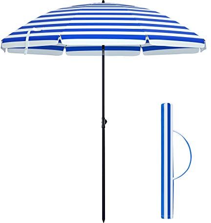 SONGMICS Ombrellone da Spiaggia, Ø 200 cm, Ombrellone da Giardino, Protezione UV Fino a UPF 50+, Pieghevole, Portatile, Bande dell'Ombrellone in Fibra di Vetro, a Strisce Bianche e Blu