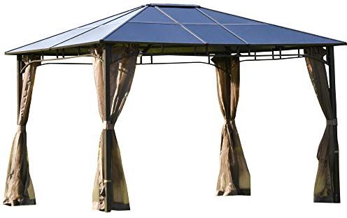 Outsunny Gazebo da Giardino con Zanzariera 3.6x3 m, Struttura Acciaio e Alluminio, Tetto Policarbonato Marrone