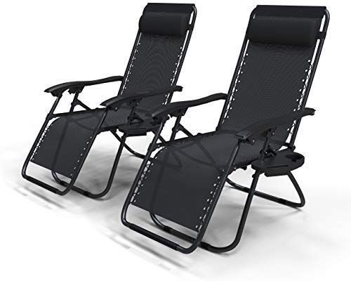 VOUNOT Set di 2 Sdraio da Giardino con Portabicchieri e Poggiatesta Regolabile, Sedia Pieghevole Zero Gravity da Esterno, Poltrona Relax, Carico Massimo 120kg, Nero