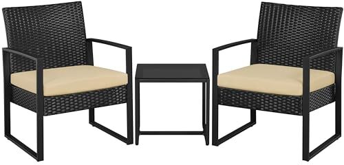 Yaheetech Set Mobili da Giardino in Poly Rattan 2 Sedie e Tavolino da Balcone con Cuscini Esterno Interno Nero/Beige