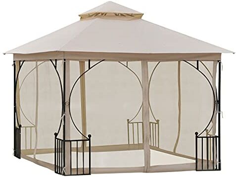 Outsunny Gazebo da Giardino 3x3M in Metallo con Tettuccio e Pareti in Poliestere Beige