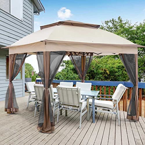 BAKAJI Gazebo 3 x 3 metri Pieghevole con Zanzariere Tessuto Poliestere Impermeabile Struttura in Metallo Richiudibile a Fisarmonica Tendone Portatile Fiera Mercato Giardino Esterno + Custodia Beige