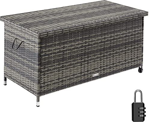 TecTake ® Box Contenitore da Esterno, Telaio in Acciaio, Intreccio in Polyrattan, Pratiche Maniglie, Rotelle, Tasca Estraibile, Chiusura a Combinazione, 120x55x61,5cm, 270 L Grigio