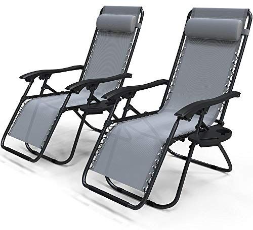 VOUNOT Set di 2 Sdraio da Giardino con Portabicchieri e Poggiatesta Regolabile, Sedia Pieghevole Zero Gravity da Esterno, Poltrona Relax, Carico Massimo 120kg, Grigio