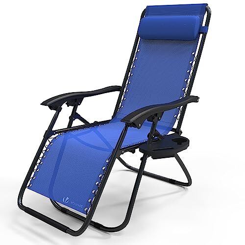 VOUNOT Sdraio da Giardino con Portabicchieri e Poggiatesta Regolabile, Sedia Pieghevole Zero Gravity da Esterno, Poltrona Relax, Carico Massimo 120kg, Blu