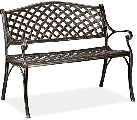 Relaxdays Panca da Giardino e Balcone, a 2 Posti, Design Antico, in Alluminio, Misure HLP: 82 x 102 x 60 cm, Nero-Bronzo