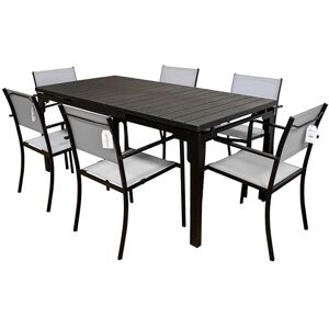 GARDENIA Set Tavolo Allungabile Oregon+ da Esterno/Interno con Struttura in Metallo e Doghe Effetto Legno + 6 Sedie Impilabili Granada Grigio – Design Moderno e Resistente GARDENIA Set Tavolo Allungabile Oregon+ da Esterno/Interno con Struttura in Metallo e Doghe Effetto Legno + 6 Sedie Impilabili Granada Grigio – Design Moderno e Resistente