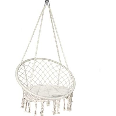 VOUNOT ® Poltrona Sospesa da Giardino, Sedia Amaca Altalena Macrame con Cuscino Rotondo, Ø80cm Capacità 120 kg, per Interni Esterno Giardino, Beige VOUNOT ® Poltrona Sospesa da Giardino, Sedia Amaca Altalena Macrame con Cuscino Rotondo, Ø80cm Capacità 120 kg, per Interni Esterno Giardino, Beige