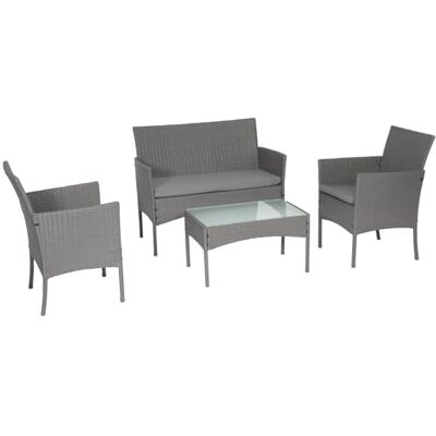 Happy Garden Mobili da Giardino in Resina Intrecciata Grigia e Cuscini Grigi. Tavolo e sedie per 4 Persone. Happy Garden Mobili da Giardino in Resina Intrecciata Grigia e Cuscini Grigi. Tavolo e sedie per 4 Persone.