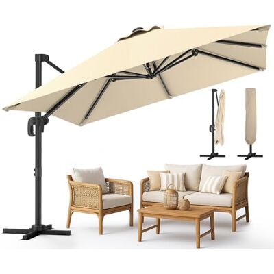 VOUNOT ® Ombrellone Decentrato da Giardino 3x3M, Inclinabile a 6 Posizioni, Rotazione a 360°, Telo Impermeabile Anti-UV in Poliestere con 8 Stecche per Esterno, Terrazzo, Piscina, Beige VOUNOT ® Ombrellone Decentrato da Giardino 3x3M, Inclinabile a 6 Posizioni, Rotazione a 360°, Telo Impermeabile Anti-UV in Poliestere con 8 Stecche per Esterno, Terrazzo, Piscina, Beige