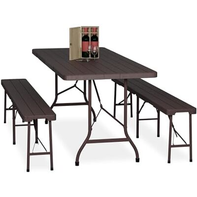 Relaxdays Tavolo da Birreria con Panche, Set da Giardino, Panchine e Tavolino 180 cm Pieghevoli, Aspetto Legno, Marrone Relaxdays Tavolo da Birreria con Panche, Set da Giardino, Panchine e Tavolino 180 cm Pieghevoli, Aspetto Legno, Marrone