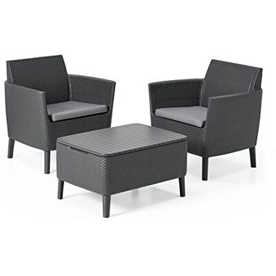 Keter Salemo Balcony Set, Set Mobili da Giardino in Rattan con 2 Poltrone e Tavolino Porta Cuscini, Grafite Keter Salemo Balcony Set, Set Mobili da Giardino in Rattan con 2 Poltrone e Tavolino Porta Cuscini, Grafite