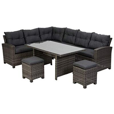 greemotion Set mobili giardino lounge modello “Tessin” composto da 2 divani con tavolo con piano in vetro e 2 sgabelli, set mobili giardino da 5 pezzi, grigio greemotion Set mobili giardino lounge modello “Tessin” composto da 2 divani con tavolo con piano in vetro e 2 sgabelli, set mobili giardino da 5 pezzi, grigio