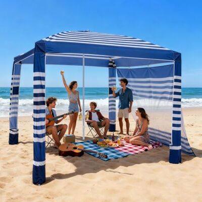 VEVOR Tenda da Spiaggia per Esterno 2438 x 2438 mm con Parete Laterale, Facile da Montare con Tasche per la Sabbia, Ombrellone Parasole Portatile Regolabile in Altezza, Striato Blu Scuro e Bianco VEVOR Tenda da Spiaggia per Esterno 2438 x 2438 mm con Parete Laterale, Facile da Montare con Tasche per la Sabbia, Ombrellone Parasole Portatile Regolabile in Altezza, Striato Blu Scuro e Bianco