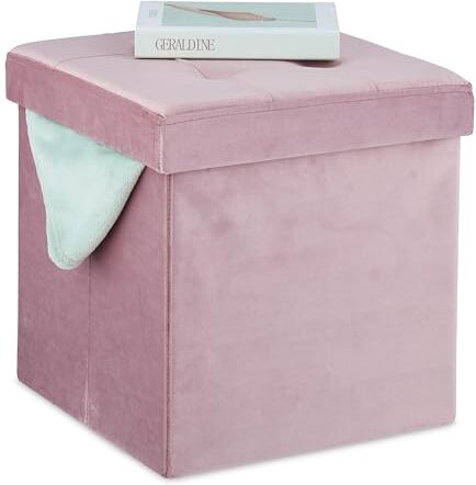 Relaxdays Pouf Contenitore per Sedersi, Coperchio Imbottito, HxLxP: 38 x 38 x 38 cm, Poggiapiedi a Cubo in Velluto, Rosa