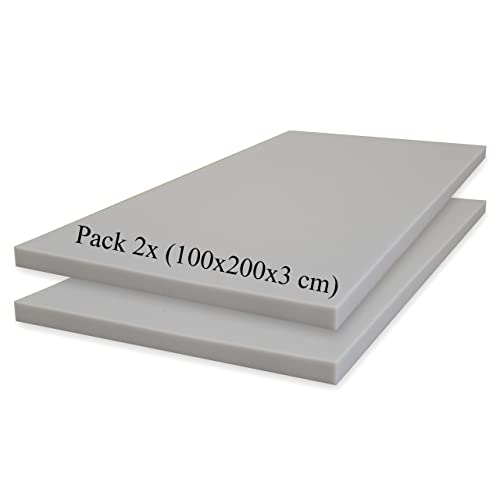 HOMEDI Piastre gomma schiuma poliuretano,densità alta D25kg,Pack 2x (100x200x3 cm) grigio,schiuma per rivestimento, schiuma divano, materassi, cuscini, materassi per camper, materassi in schiuma