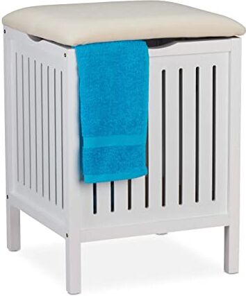 Relaxdays Pouf Portabiancheria per Bagno, Sgabello Contenitore, 40 L, Raccogli Biancheria, Design, 55x41x41 cm, Bianco, Legno, Tessuto, Pannelli MDF, 1 pz