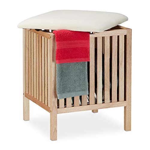 Relaxdays Cesto Noce con Seduta Pouf per Bagno Portabiancheria, Sgabello Contenitore, 40 L, Raccogli Biancheria, 51x41x41 cm, Naturale/Bianco, Tessuto, Pannelli MDF, 1 pz