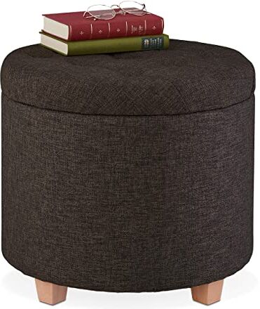 Relaxdays Pouf Contenitore Rotondo, Sgabello Imbottito, Poggiapiedi Salotto, Effetto Lino, HxD: 41 x 44 cm, Marrone