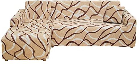 Lydevo Copridivano Elasticizzato con Penisola Angolare a Sinistra/Destra Universale con 2 Federe. Divano Forma di L, Chaise Longue Sofa Cover(2 Posto+3 Posti,Linee di Caffè)