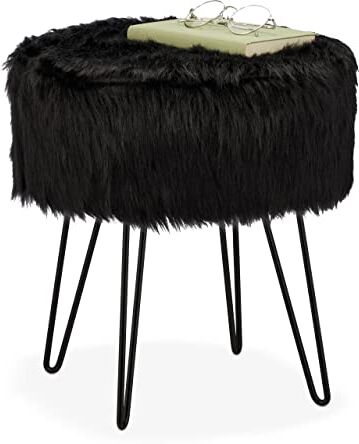 Relaxdays Sgabello Pouf in Morbido Pelo, Poggiapiedi Rotondo Imbottito, Seggiola Gambe in Acciaio, HxD: 41 x 37 cm, Nero