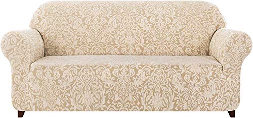 subrtex Copridivano elasticizzato damascato per divano e poltrona, motivo floreale, antiscivolo, morbido tessuto (2 posti, motivo beige)