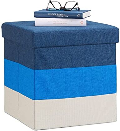 Relaxdays Pouf Imbottito con Contenitore, a Strisce, Colorato, Pieghevole, HxLxP: 38 x 38 x 38 cm, Bianco-Blu