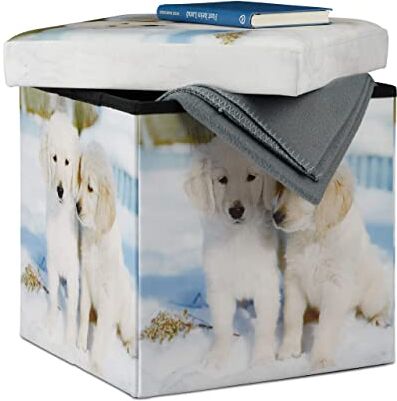 Relaxdays Pouf Contenitore Scatola Portaoggetti finta pelle Motivo Cani Sgabello Pieghevole HLP: 38 x 38 x 38 cm Colorato