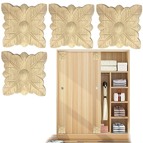 DHER Mobili in legno intagliato Legno Intagliato Applique Decorazione Applique in Legno 4 pezzi di porta, letto e tavolo decorazione piazza decalcomanie, legno di gomma in rilievo fiore pezzi intaglio