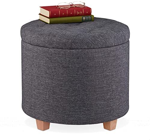 Relaxdays Pouf Contenitore Rotondo, Sgabello Imbottito, Poggiapiedi Salotto, Effetto Lino, HxD: 41 x 44 cm, Grigio Scuro, Tela