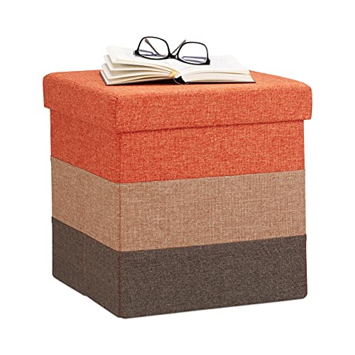 Relaxdays Pouf Imbottito con Contenitore, a Strisce, Colorato, Pieghevole, Marrone-Arancione, HxLxP: 38 x 38 x 38 cm