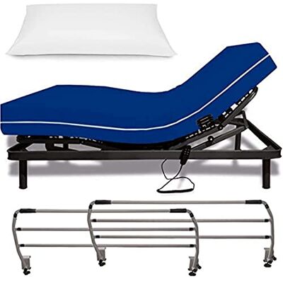 DUÉRMETE ONLINE Letto articolato elettrico rinforzato + materasso Visco Sanitario + Cuscino Tassello Seta + Barande, Legno, Blu, 90 x 180 DUÉRMETE ONLINE Letto articolato elettrico rinforzato + materasso Visco Sanitario + Cuscino Tassello Seta + Barande, Legno, Blu, 90 x 180