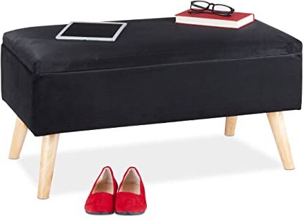 Relaxdays Panca Contenitore, 40x41x80 cm, 40L, Seduta Imbottita, Gambe in Legno, Pouf Cassapanca, 2 Posti, Nero