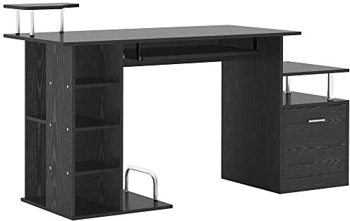 HOMCOM Scrivania per Computer Moderna con Cassetti, Ripiani e Tastiera Estraibile, Scrivania da Ufficio per Casa in Legno Nero 152x60x88cm