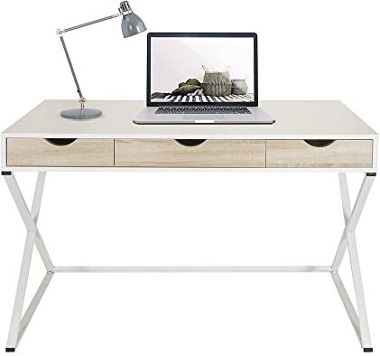 HJH Office Scrivania con cassetti Easy Flow III Bianco/Rovere Moderno scrivania per Computer con Struttura in Acciaio, 120 x 50 cm