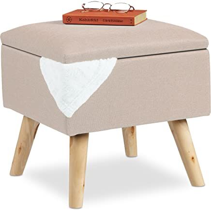 Relaxdays Sgabello con Contenitore, Rivestimento in Lino Sintetico, Gambe in Legno e Coperchio, 40x40x40 cm, Beige