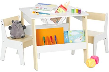 Relaxdays Tavolino con 2 Sedie per la Cameretta dei Bambini, Scomparto per Libri, Arredamento per Bimbi, Bianco Beige, 51 x 55 x 69 cm