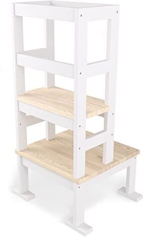 Sämann Montessori Torre di apprendimento per bambini, altezza regolabile 3 in 1, sgabello in legno Montessori, utensile da cucina, sedia da apprendimento, stile classico, bianco, 92 x 45 cm